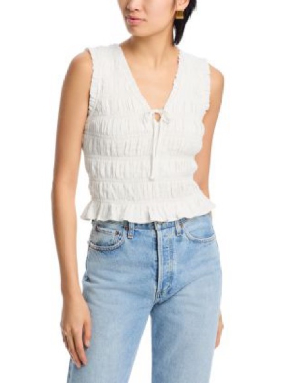 PAIGE White Smocked V-Neck Sleeveless Tank